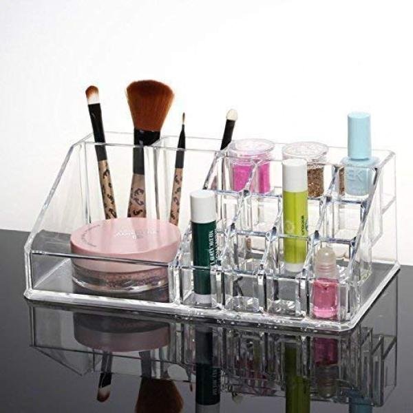 Plastic Cosmetic Organizer 16 Compartment Makeup Jewellery Lipstick Storage Box and nail paint stand holder Transparent | Size 21L x 12.5W x 7.8H | Pack Of 1