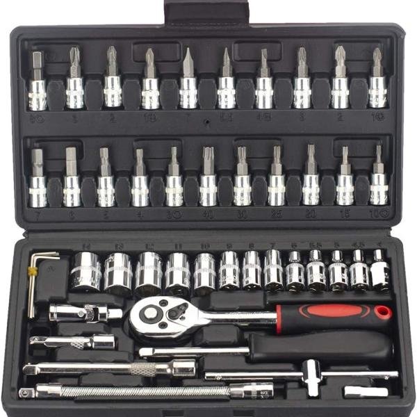 46 Pieces 1/4 inch Drive Socket Ratchet Wrench Set with Bit Socket Set Goti Pana with Ratchet Wrench For Car, Bike, Cycle Repairing, DIY, Home & Automobile Vehicle Service Wrench tool kit