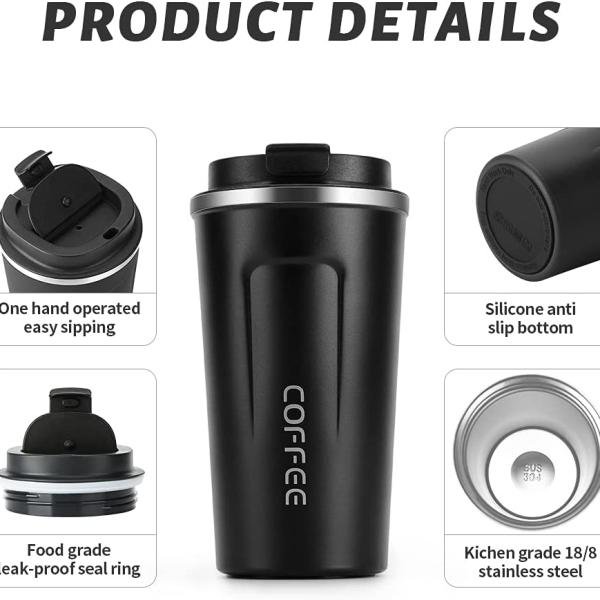 510ml Thermos Coffee Mug Stainless Steel Coffee Cup Vacuum Flask Thermal Tumbler Insulated Cup Water Bottle Portable Leakproof Travel Mug Black