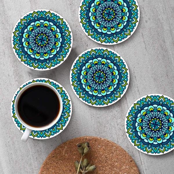 MDF Coaster Set of 6 Beautiful Wooden Coasters with Proper Coaster Designer Coaster Set Fit for Tea Cups, Coffee Mugs, and Glasses | Thickness:2.5 mm (Blue Mandala Art Set of 6)