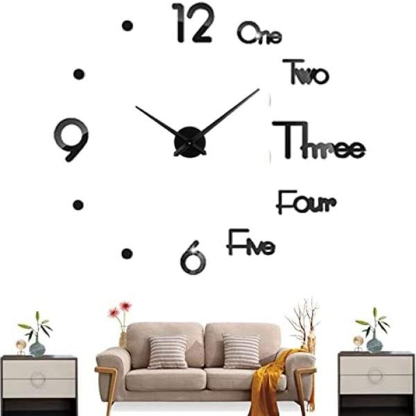 Analog Plastic Frameless DIY Wall Clock - Large Modern 3D Mirror Decor Sticker Kit for Home Living Room Bedroom Office Decorations (Black)