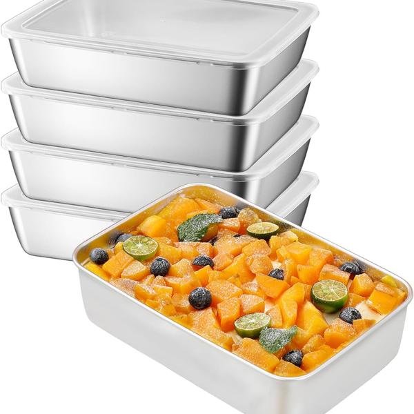 Stainless Steel Square Food Tray With Clear Plastic Lid, Rectangle Storage Box Container, Leak-Proof Dishwasher Safe, Reusable Heavy Duty Baking Tray (5)