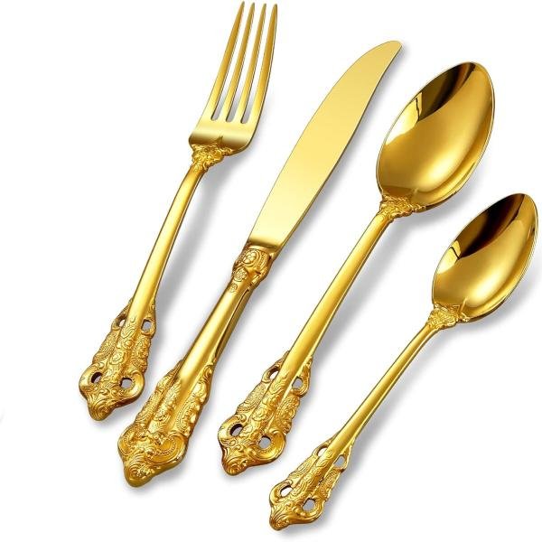 Monarchy Gold Flatware Set, Stainless Steel Service for 4, Well Made and Beautiful,Dishwasher Safe Spoon Dessert, Sugar, Ice Cream, Stirring, Tea, Milkshake for Tableware Kitchen, Cafe or Bar